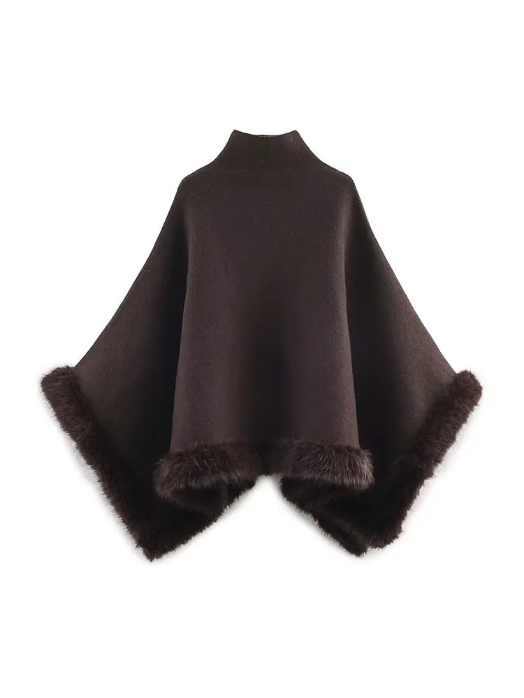 Stand Neck Plush Hem Cape for Layering over Outfits