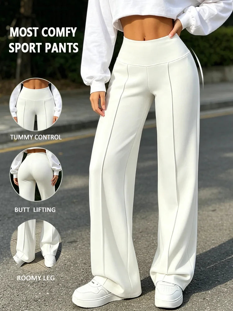 Women's Ivory Polyester Blend Wide Leg Pants for Yoga and Casual Outfits
