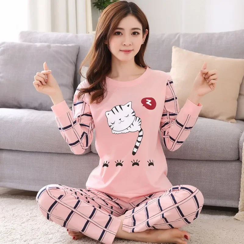 Women's Cartoon Print Long Sleeve Pajama Set with Top and Pants