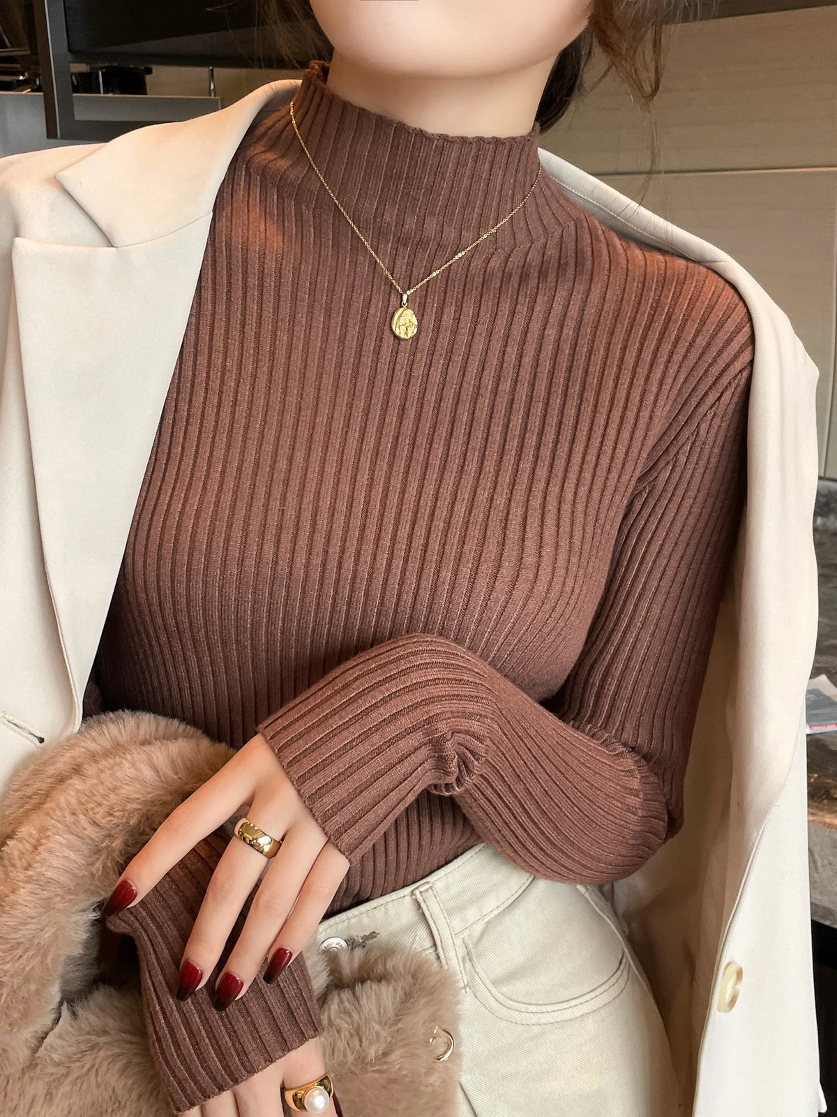 Women's Ribbed Mock Neck Long Sleeve Sweater Casual Knit Layer