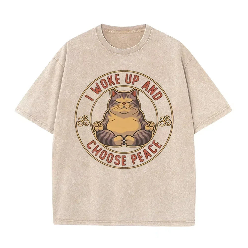 Retro Beige Zen Yoga Tabby Cat Om Symbol Acid Wash Oversized Streetwear Tee