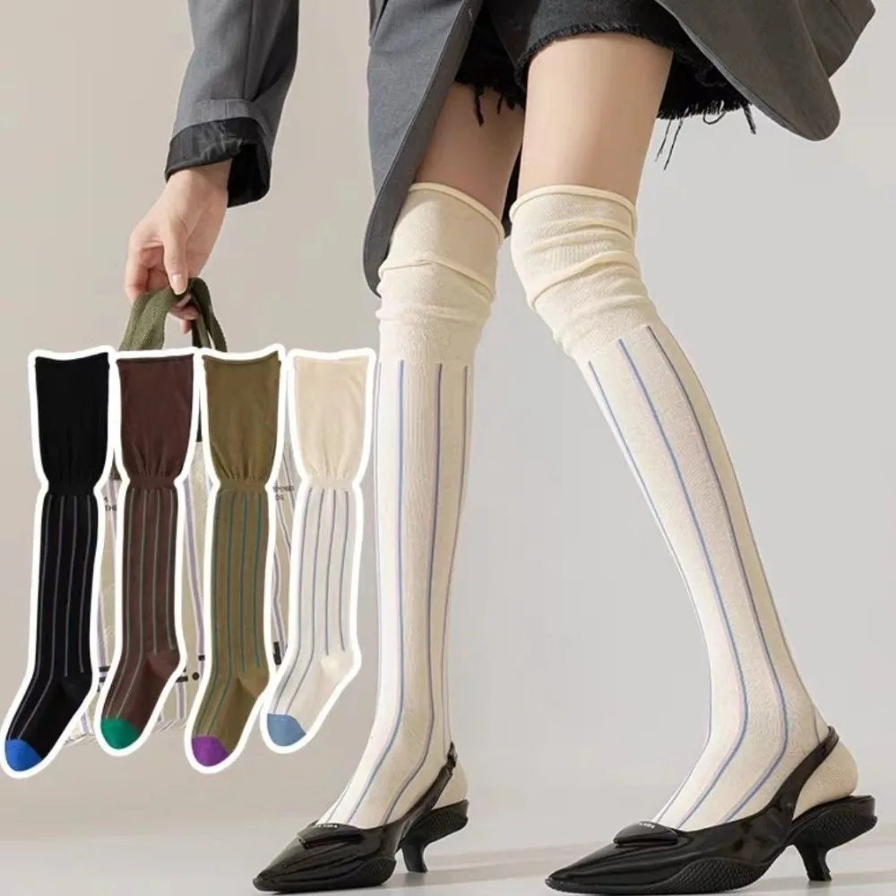 Vertical Stripe Thigh High Socks with Contrasting Toe Colors