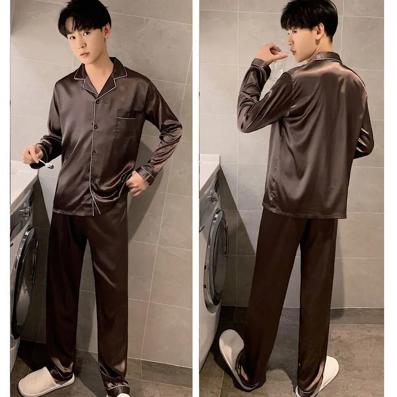 Men's Satin Look Long Sleeve Shirt and Pants Pajama Set