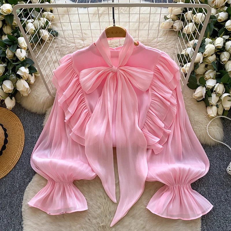 Women's Bow Neck Ruffled Long Sleeve Blouse