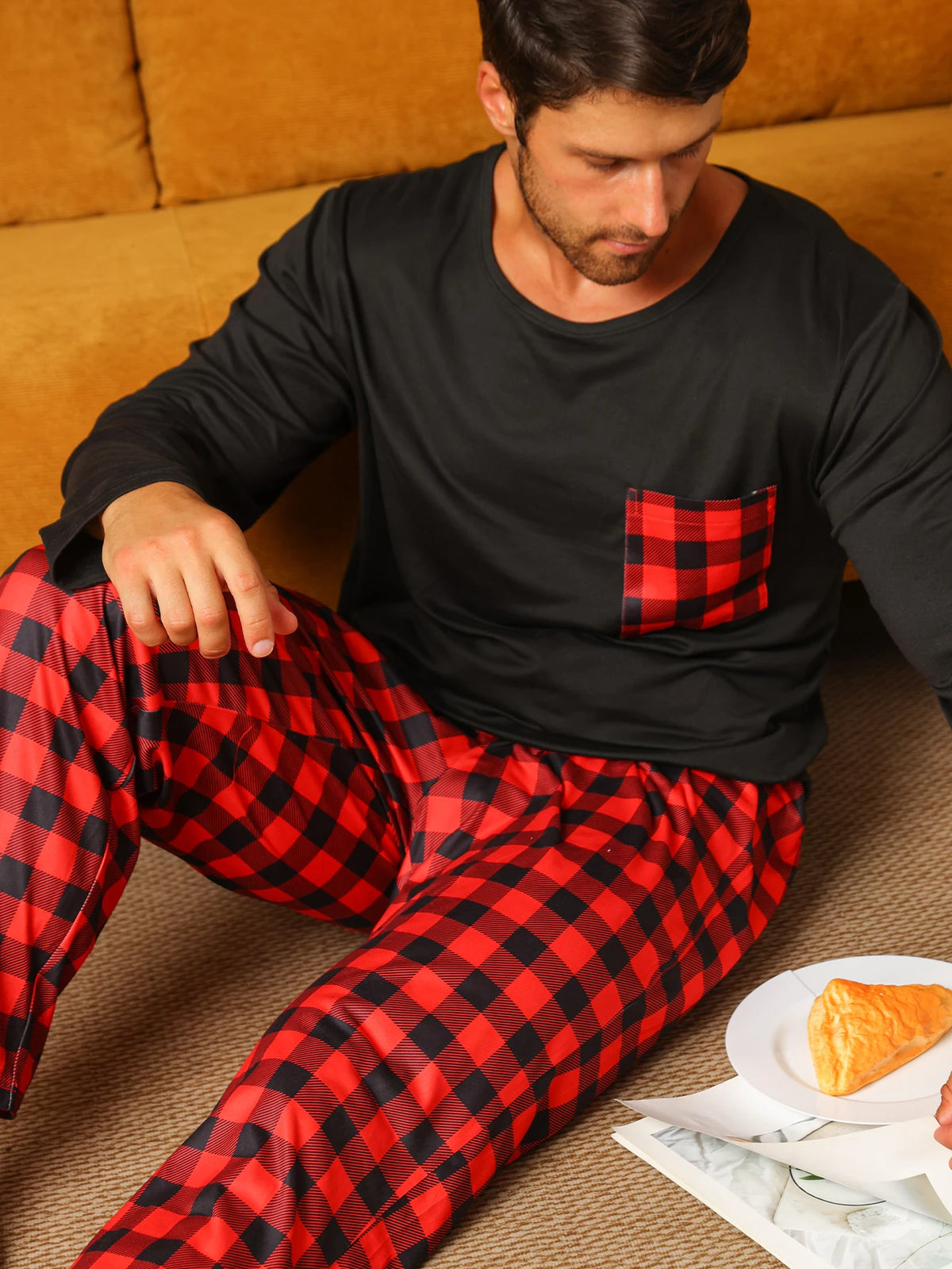 Men's Long Sleeve Pocket Top and Plaid Pants Pajama Set
