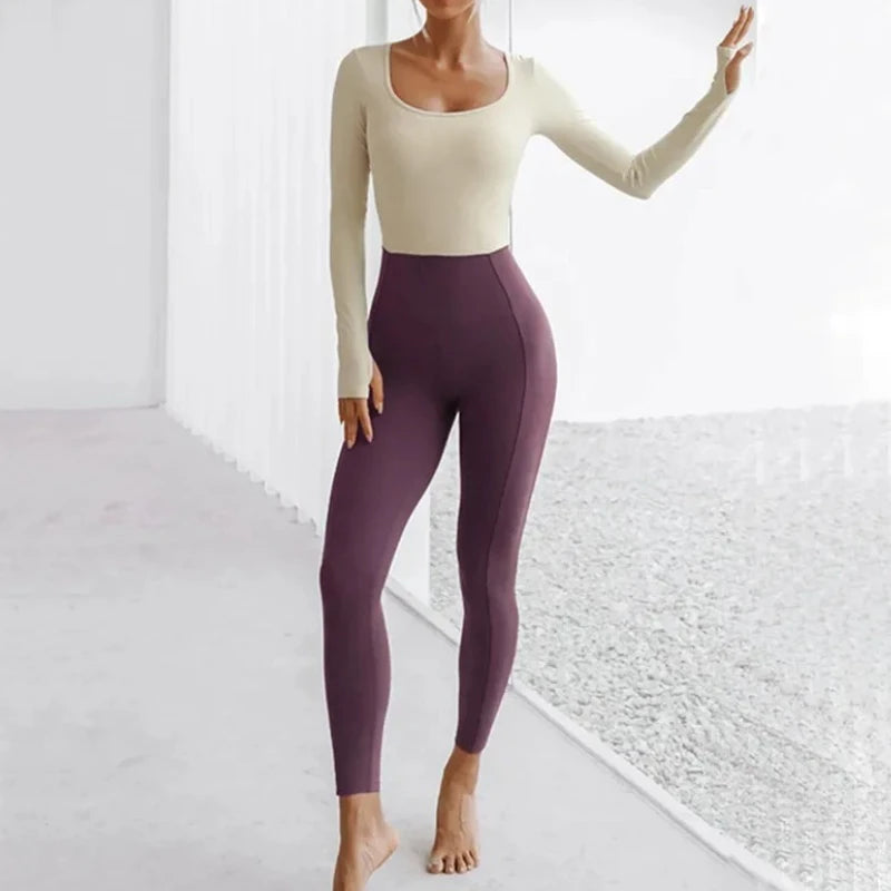Women's Long Sleeve Colorblock Nylon Blend Workout Jumpsuit with Open Back