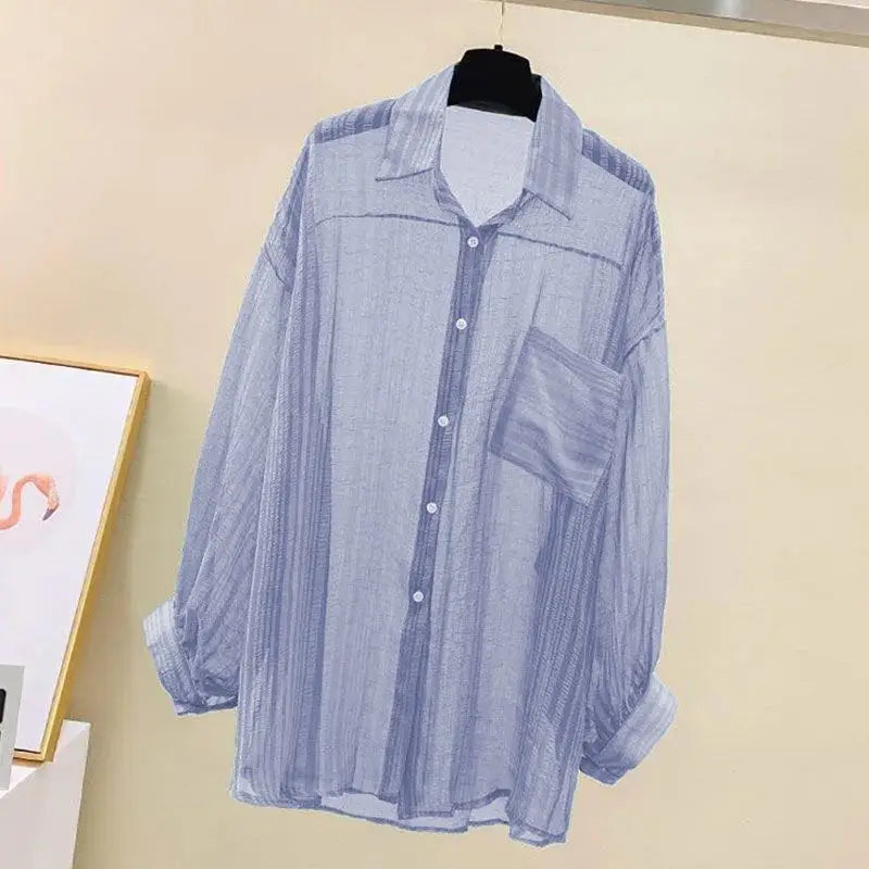 Women's Sheer Collared Long Sleeve Button Front Shirt