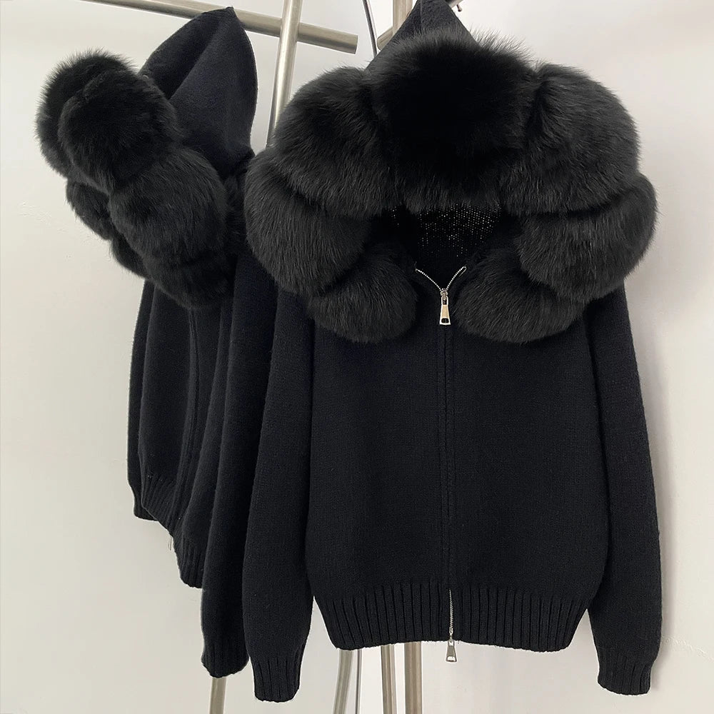 Women's Hooded Zip Front Fluffy Trim Jacket Casual Knit Layer
