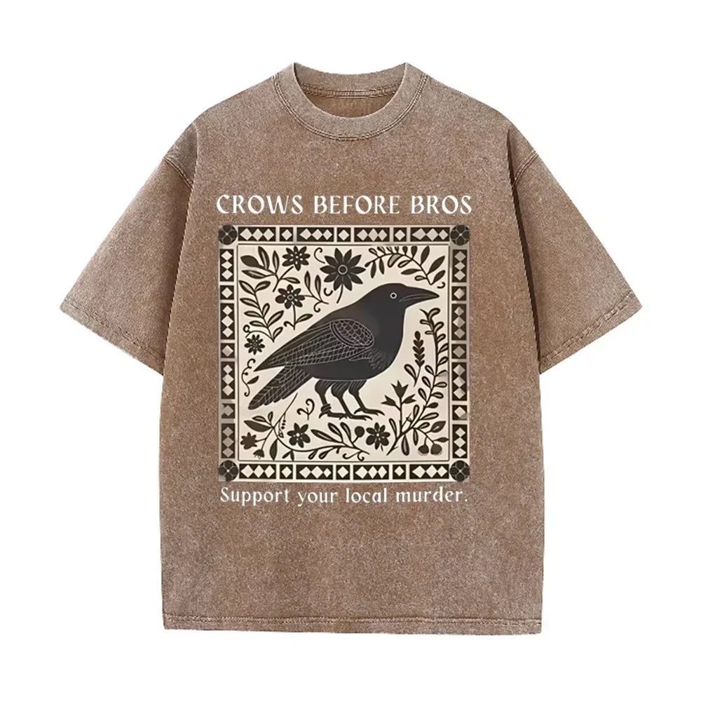 Distressed Vintage Washed Tee Vintage Square Crow Floral Print Support Local Murder Funny Slogan Loose T Shirts