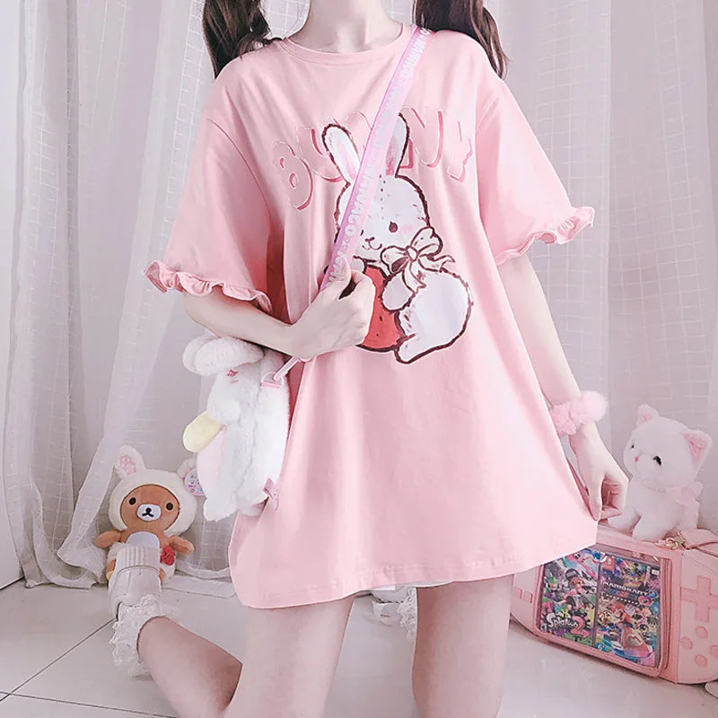 Strawberry Rabbit Graphic Ruffle-Sleeve T-Shirt