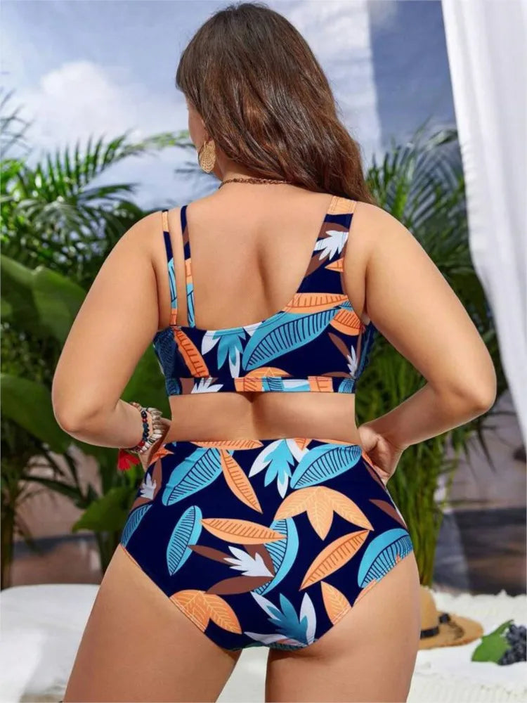 Women's Printed Contrast Panel Top and High Waist Bikini Set