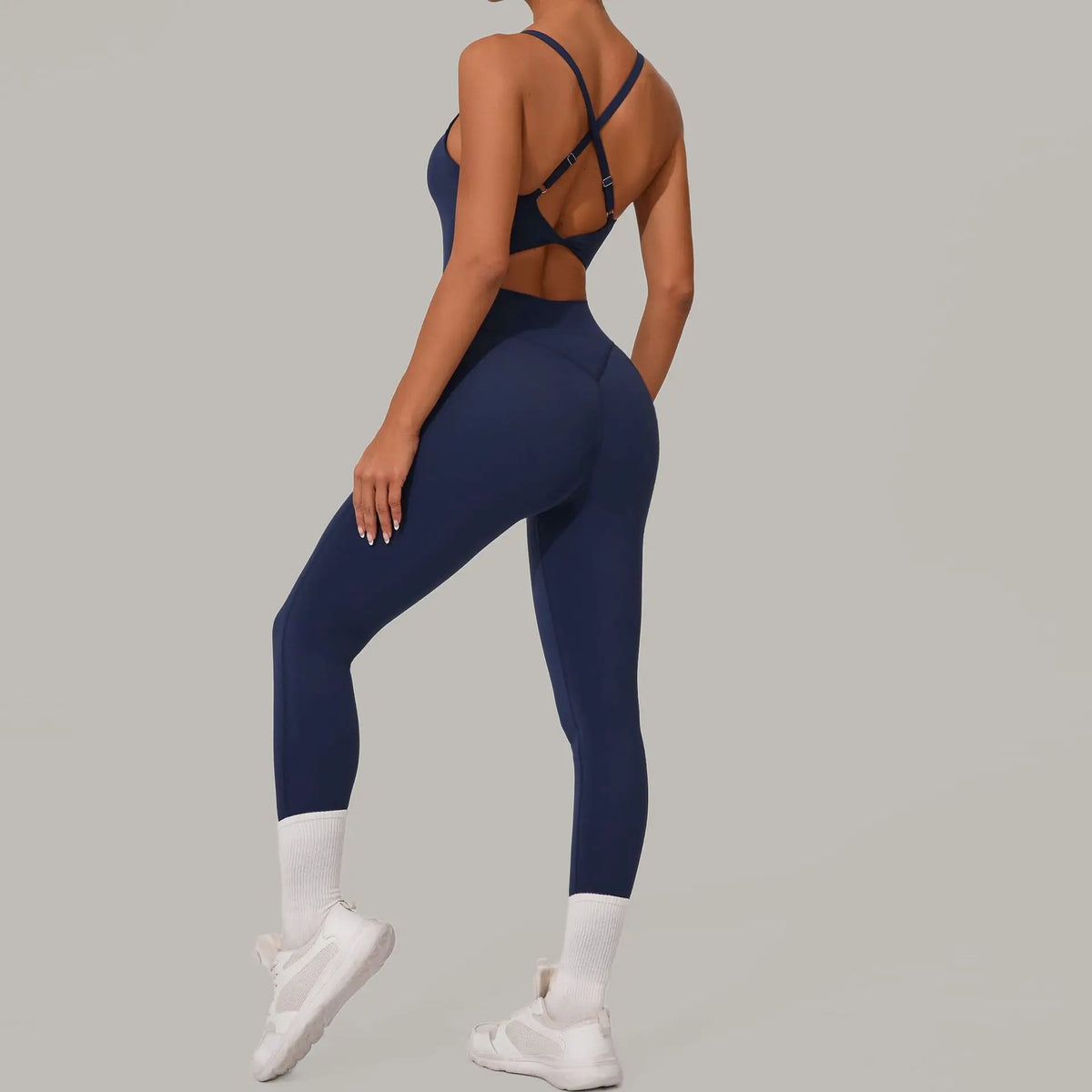 Women's Thin Strap Workout Jumpsuit with Crisscross Back and Fitted Legs