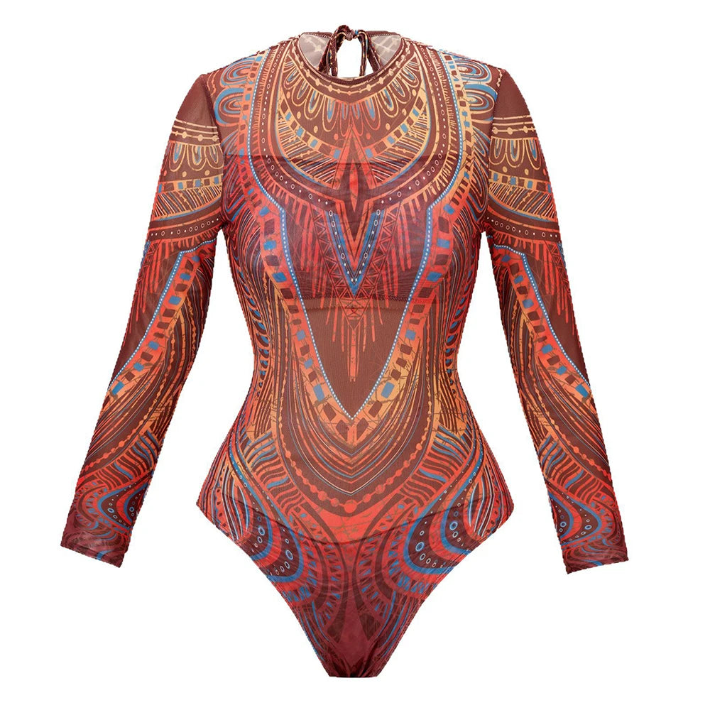 Printed Long Sleeve Swimsuit with Matching Skirt