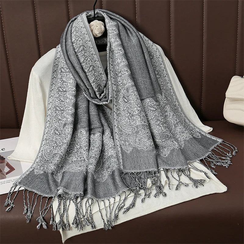 Paisley Floral Print Long Scarf with Fringed Ends