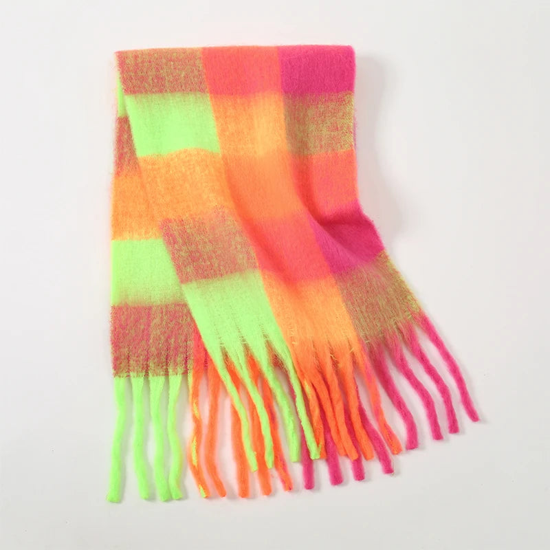 Multicolor Plaid Scarf with Long Shape and Fringed Ends