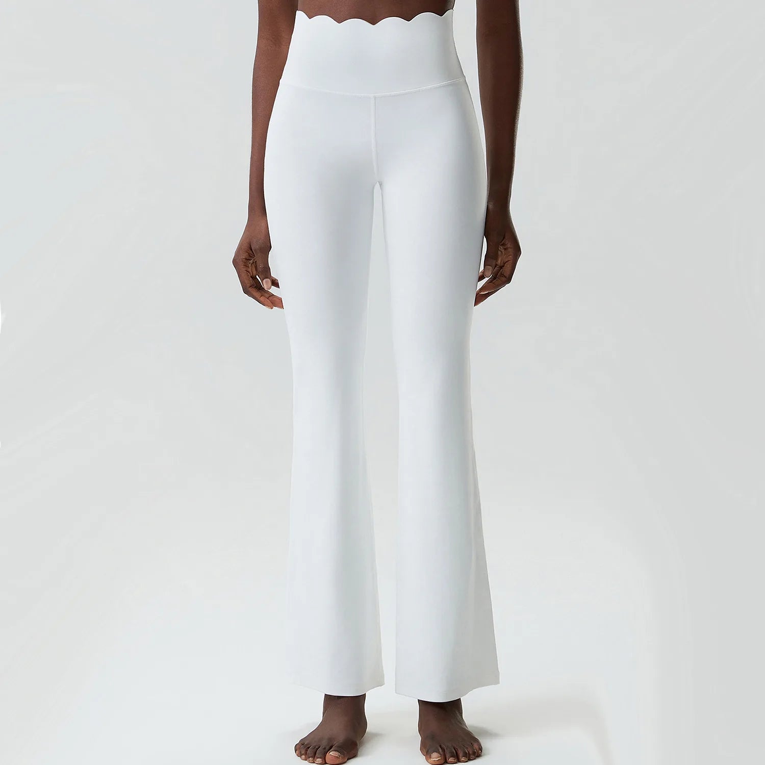 Women's High Waist Nylon Blend Flared Pants with Scalloped Waistband Edge