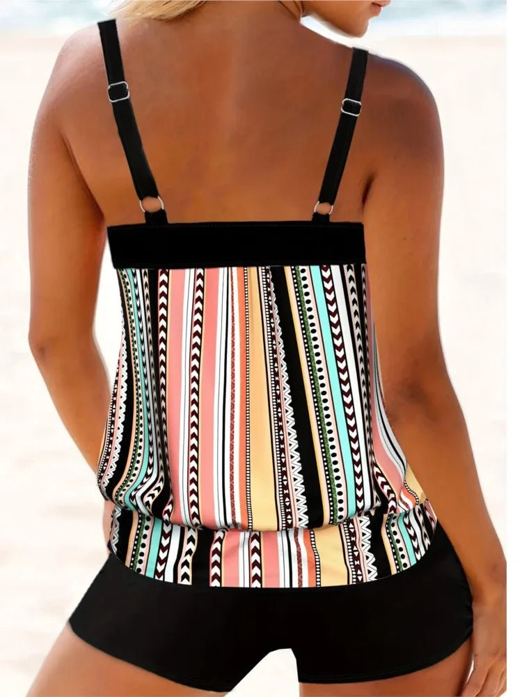 Women's Striped Tankini Top and Solid Shorts Swim Set
