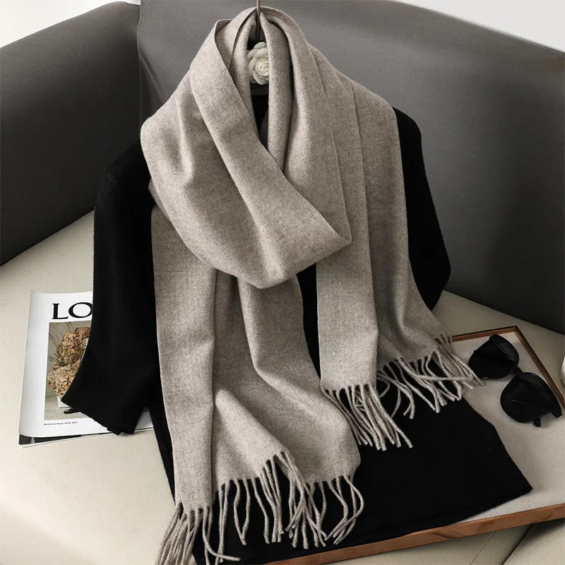 Solid Long Rectangular Scarf with Decorative Fringe Trim
