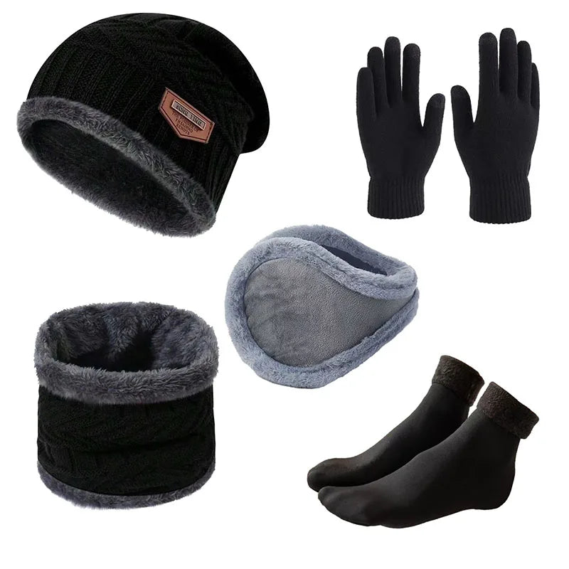 Men's Winter Hat Ear Protector Gloves Neck Hood and Socks Set