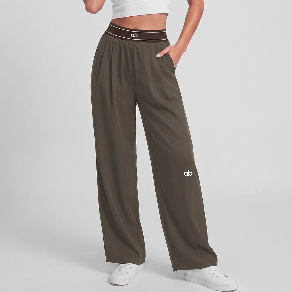 Women's Drawstring Waist Polyester Blend Wide Leg Pants for Casual Workouts