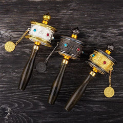 Tibetan Special Crafts Prayer Wheel Alloy Metal Hand Cranking Carving Crystal Decor Prayer Wheel Crafts Exquisite Buddhist Gift