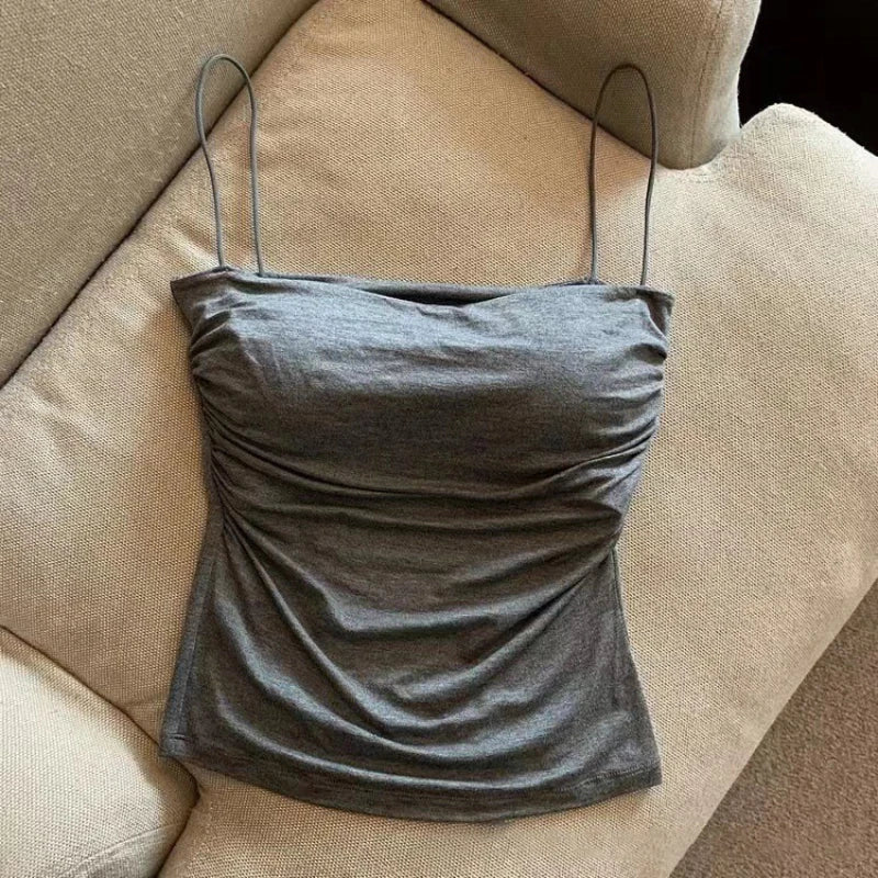 Women's Ruched Polyamide Camisole with Thin Straps and Straight Neckline