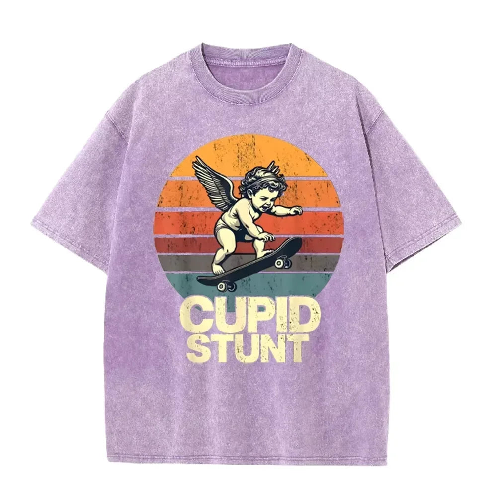 Retro Beige  Cupid Stunt  Skate Graphic Acid Wash Oversized Tee