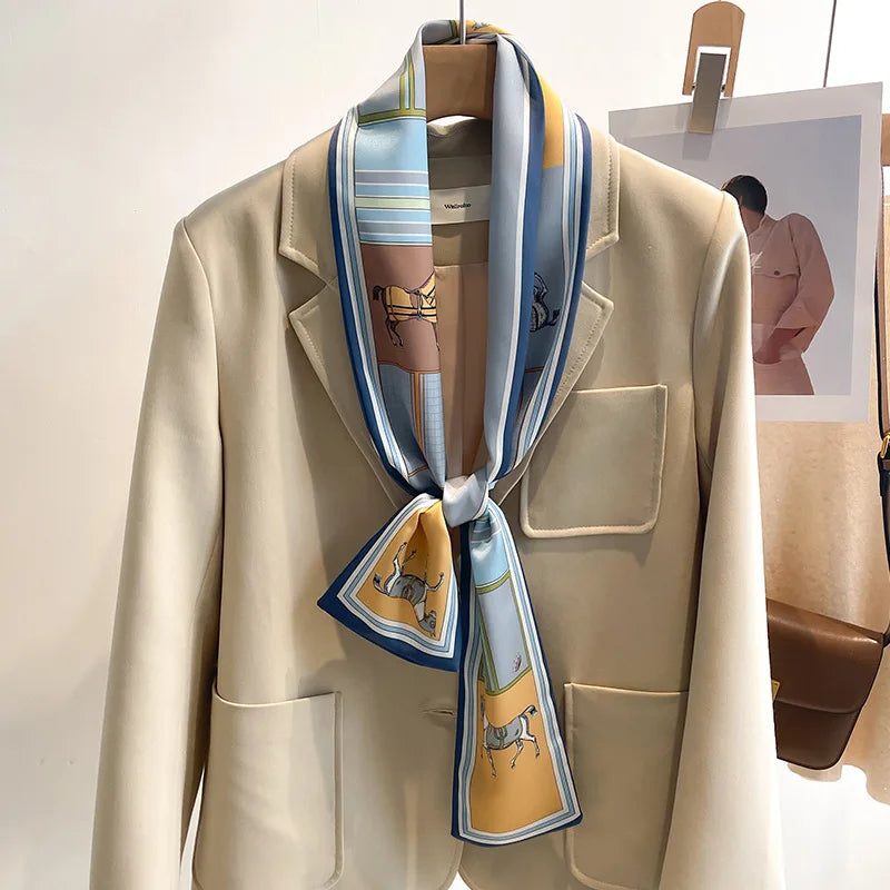 Printed Long Narrow Scarf with Decorative Ribbon Shape