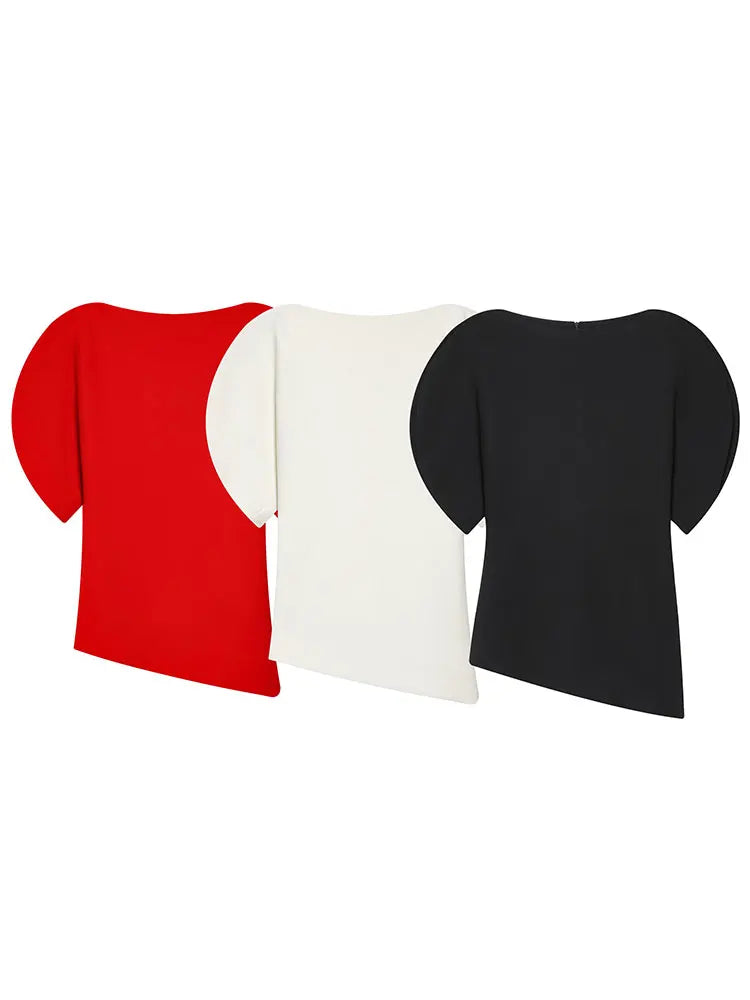 Women's Round Neck Blouse with Short Puff Sleeves and an Asymmetric Hem