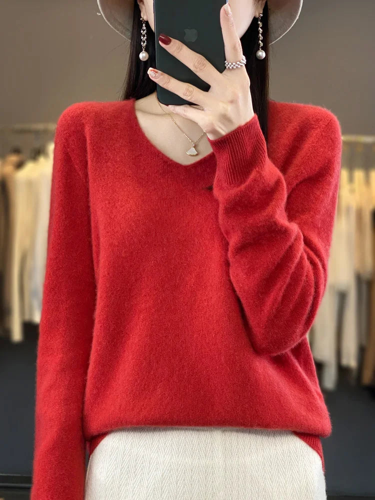 Women's V Neck Long Sleeve Sweater Casual Knit Layer