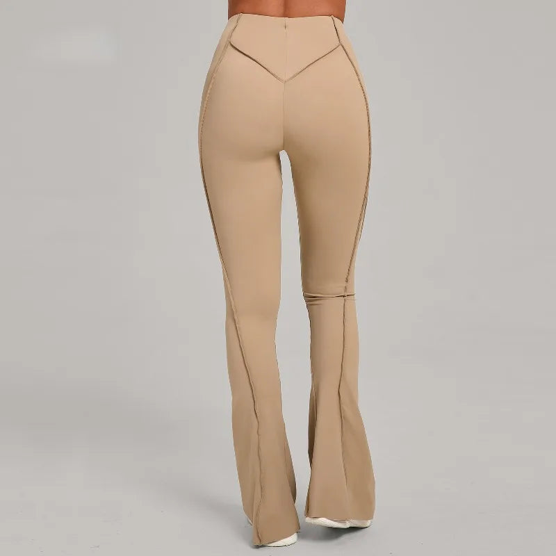 Women's High Waist Nylon Blend Flared Workout Pants with Contoured Seam Details