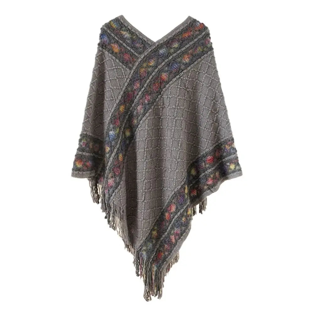 Patterned Fringe Hem Poncho for Layering over Outfits