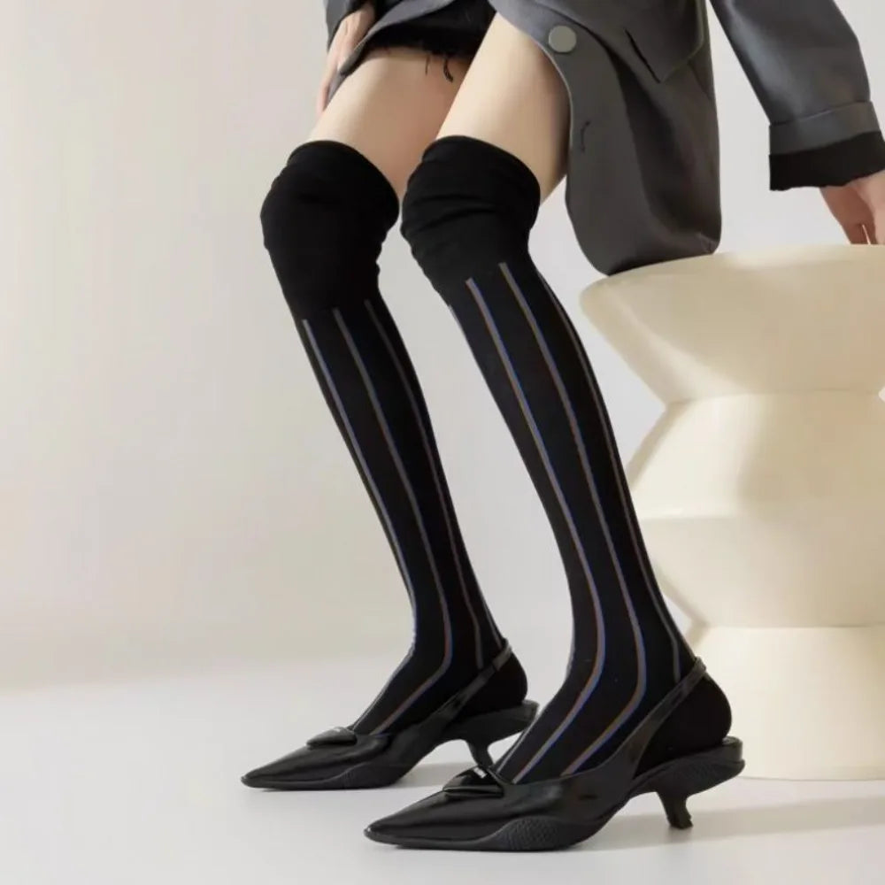 Vertical Stripe Thigh High Socks with Contrasting Toe Colors