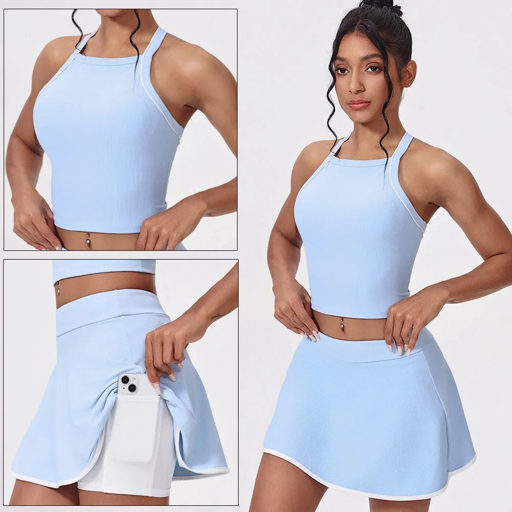 Women's Sleeveless Crop Top and Skort Workout Set