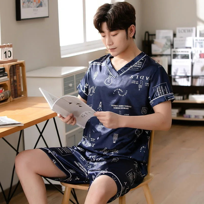 Men's Printed Short Sleeve Button Front Shirt and Shorts Pajama Set