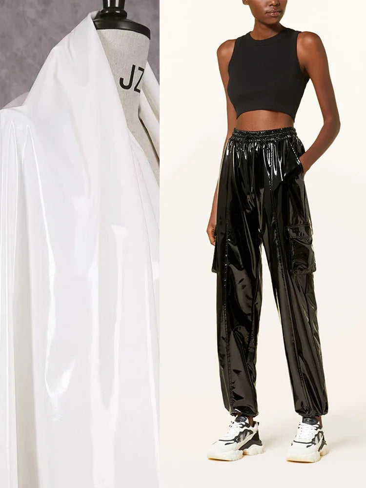 Women's Shiny Faux Leather Cargo Joggers with Drawstring Waist and Cuffs