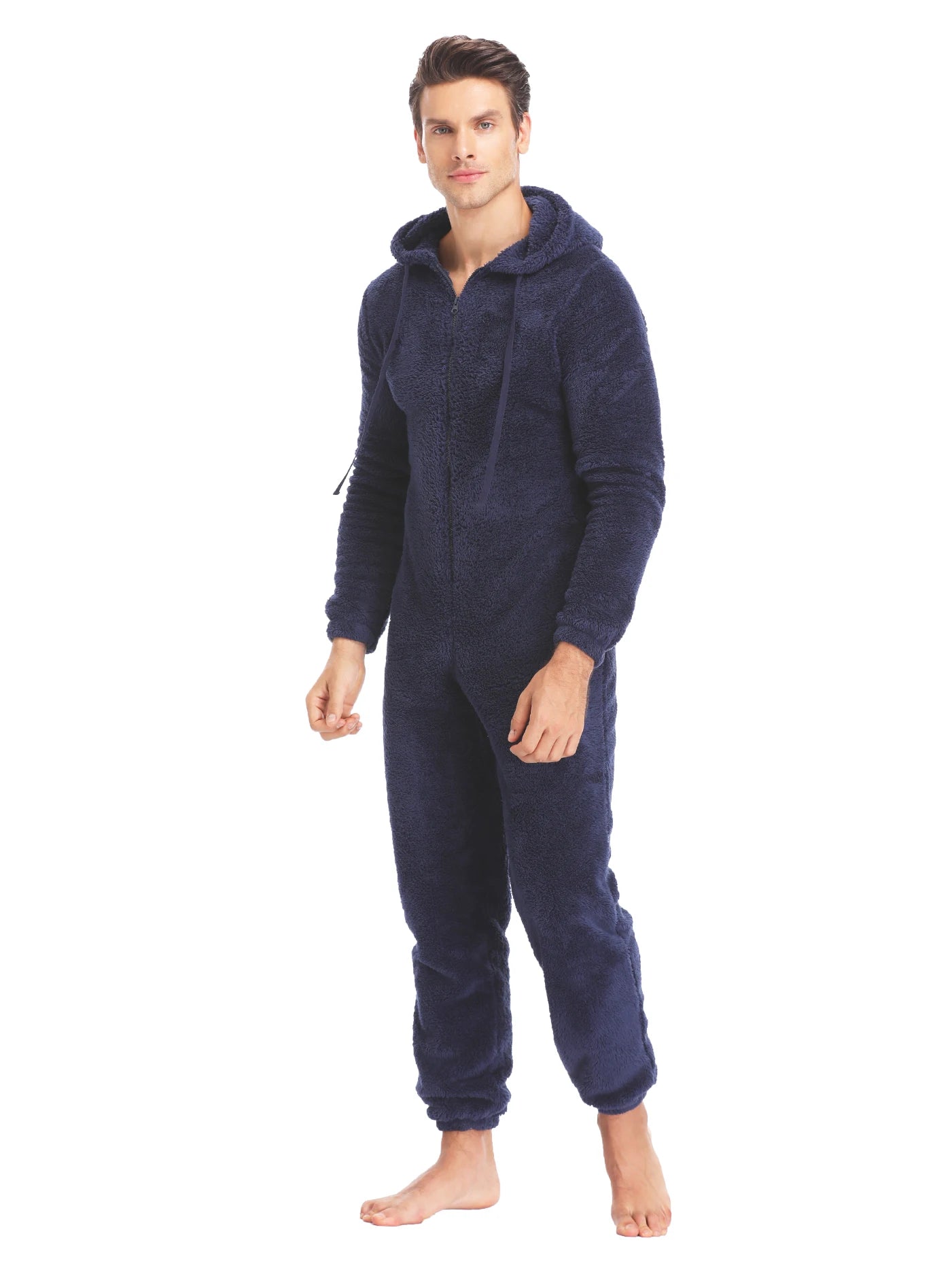 Men's Hooded Long Sleeve Zip Front Plush Pajama Jumpsuit