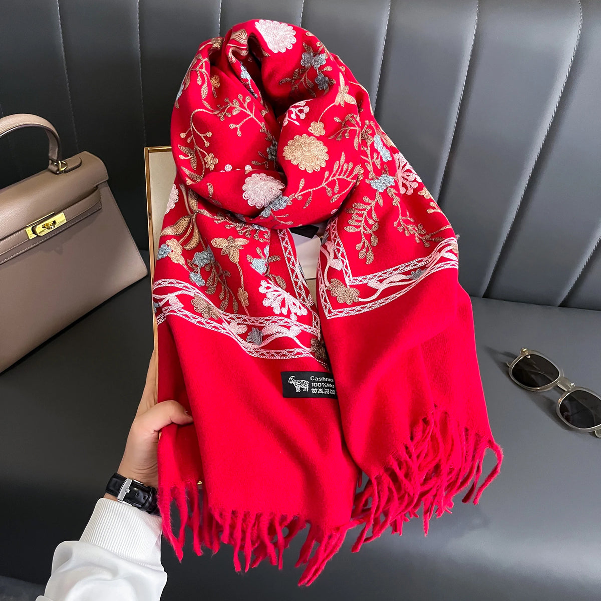 Patterned Fringed Scarf with Decorative Floral Embroidery Design