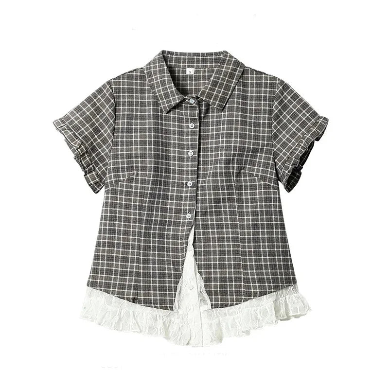 Women's Checked Lace Detail Collared Shirt
