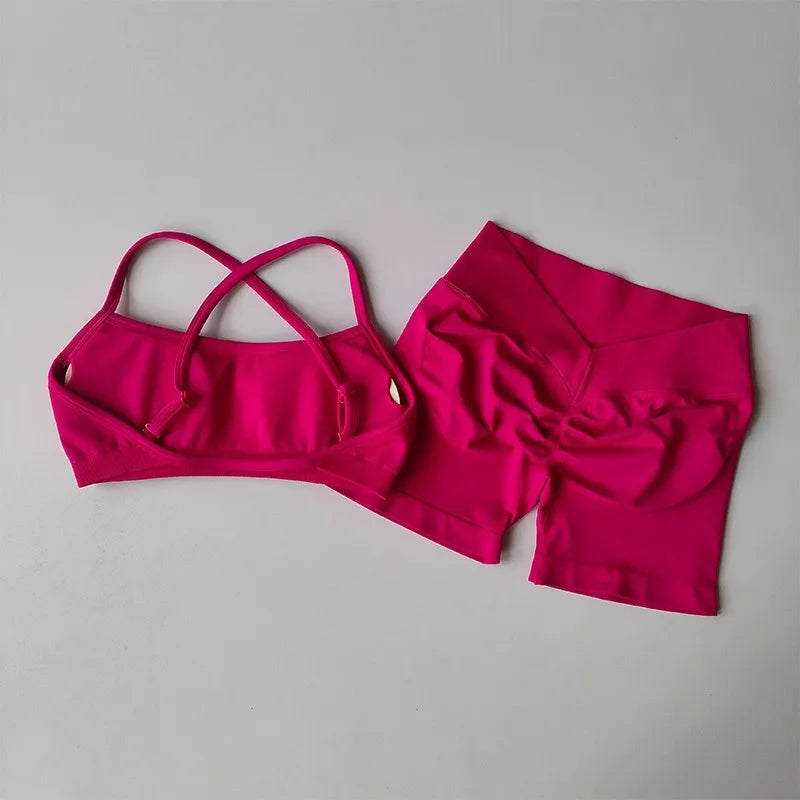 Women's Cross Strap Bra And Shorts Yoga Set