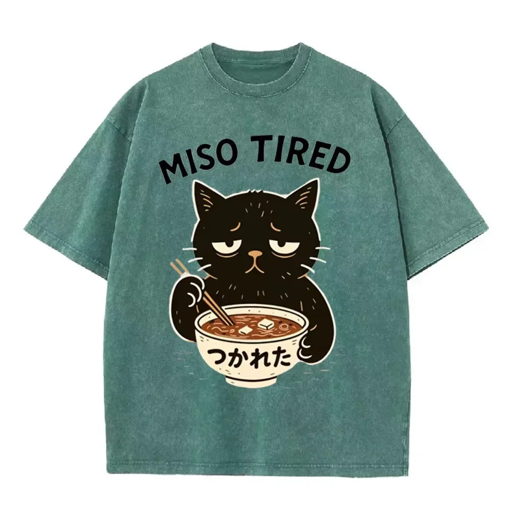 Vintage Washed Purple Miso Tired Black Cat Miso Soup Casual T Shirt