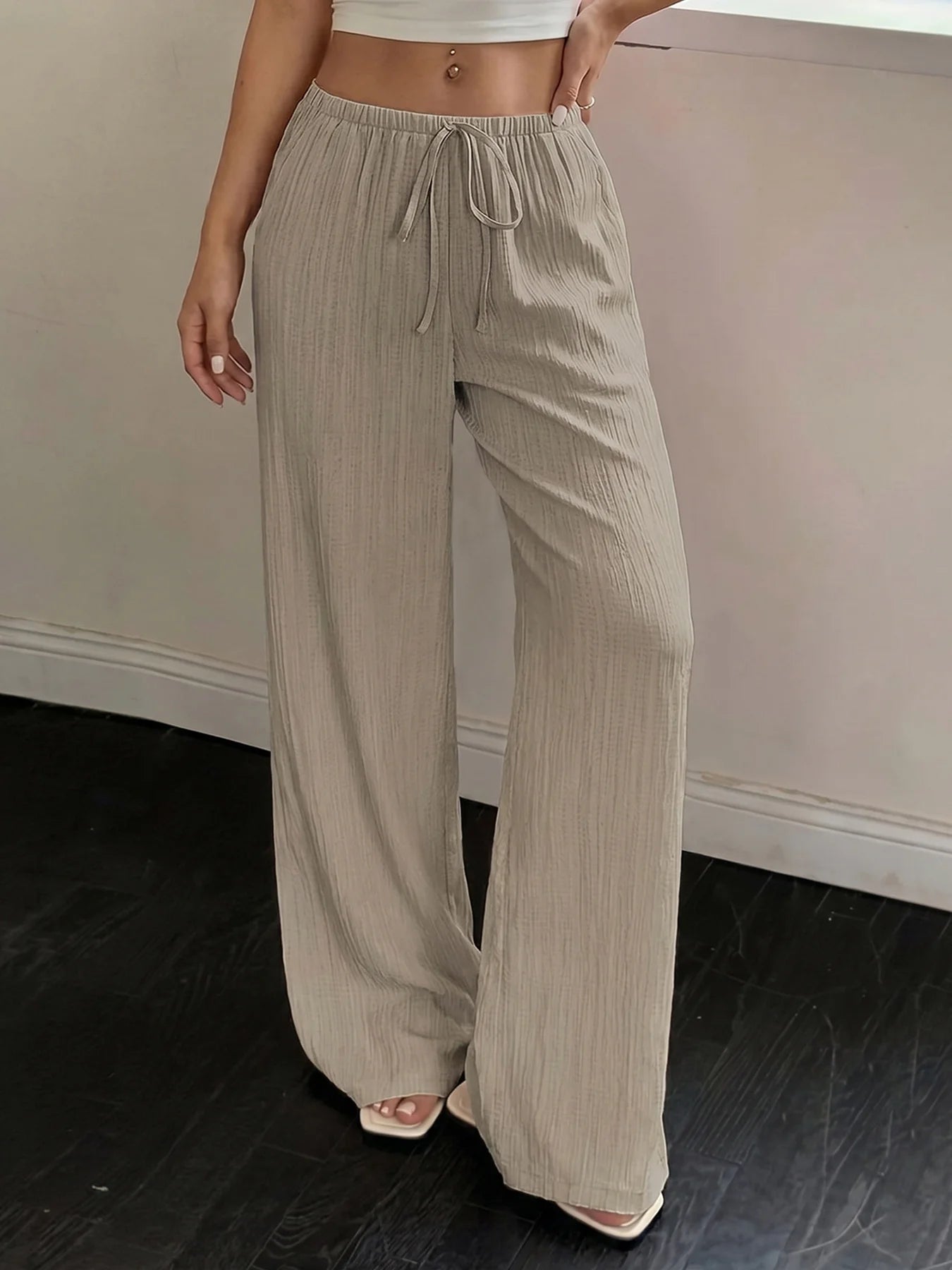 Women's Crinkle Textured Polyester Blend Palazzo Pants with Elastic Waist