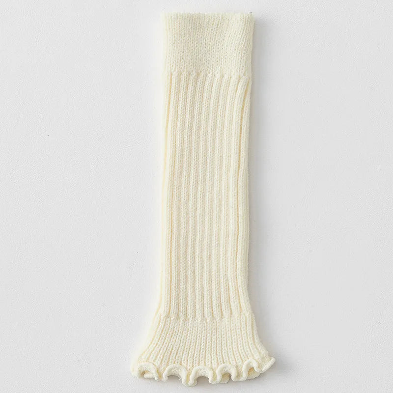 Solid Ribbed Calf Leg Warmers with Ruffled Edge Trim
