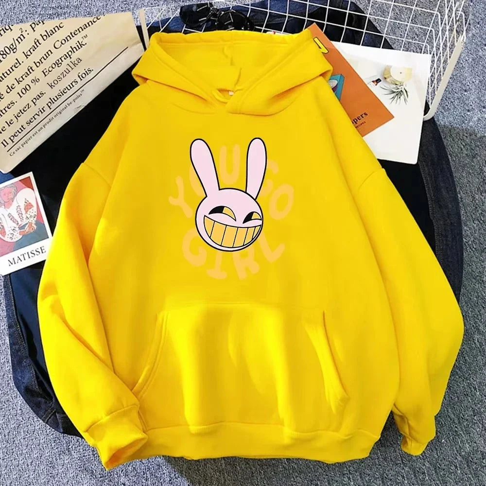 Rabbit-Graphic Long-Sleeve Fleece Pullover Hoodie