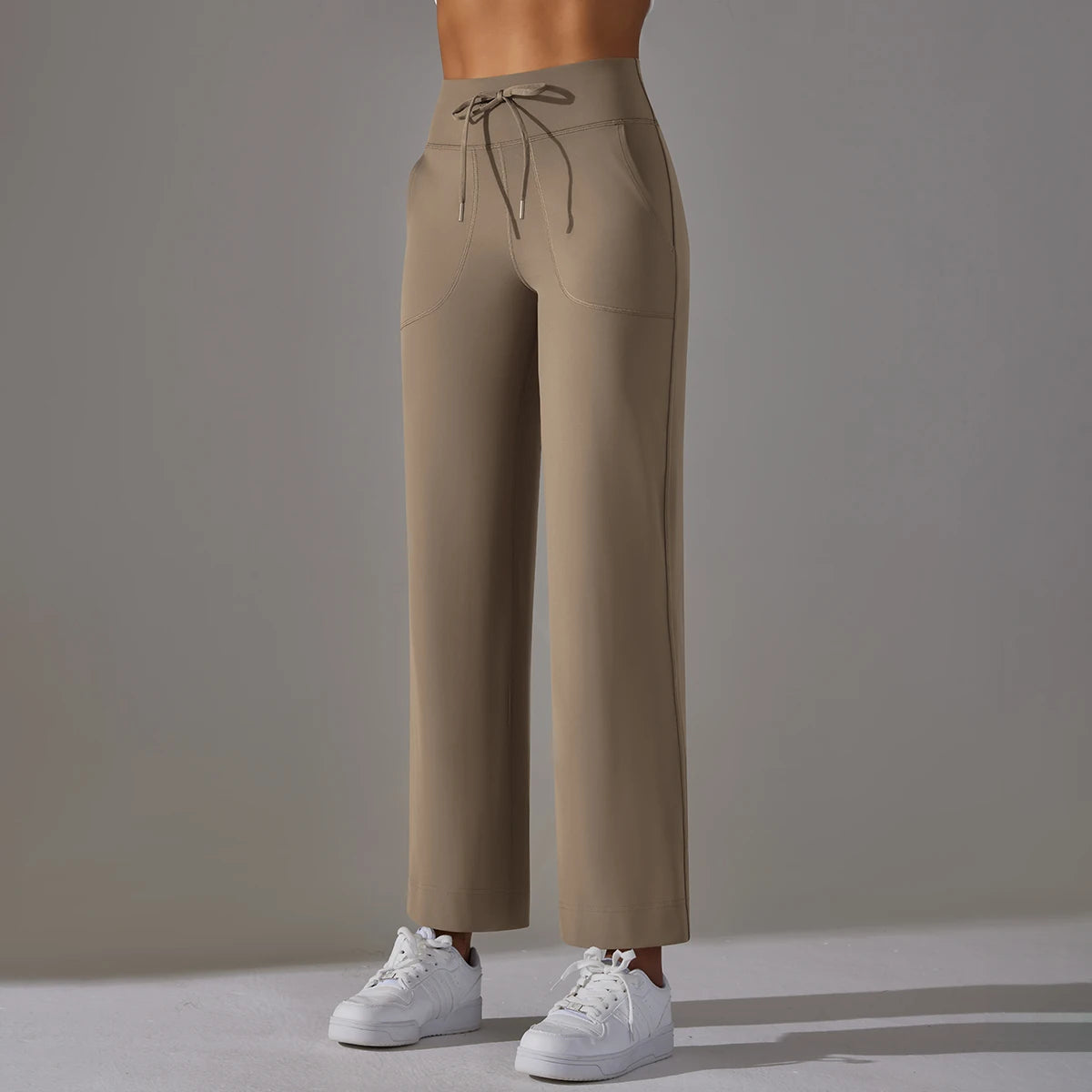 Women's Drawstring Waist Nylon Blend Cropped Wide Leg Pants with Side Pockets