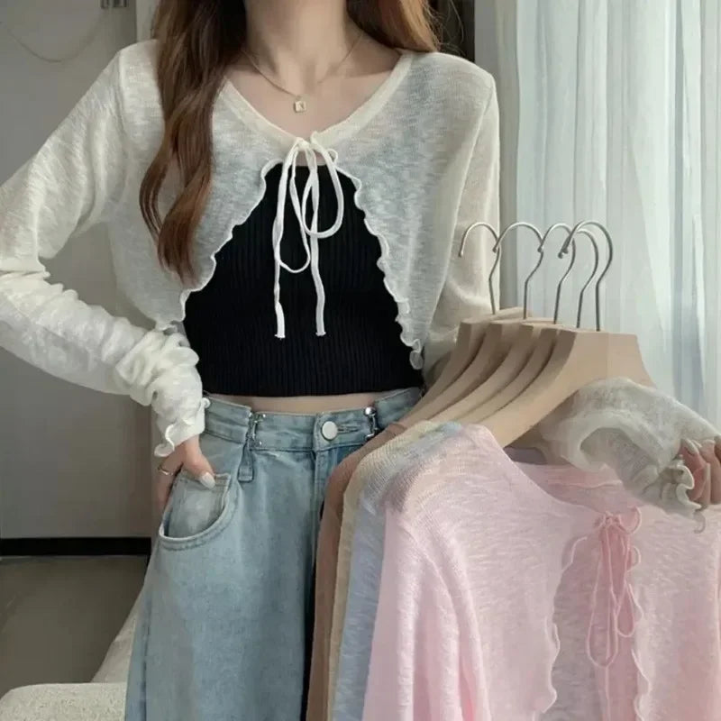 Women's Tie Front Cropped Long Sleeve Cardigan Casual Knit Layer