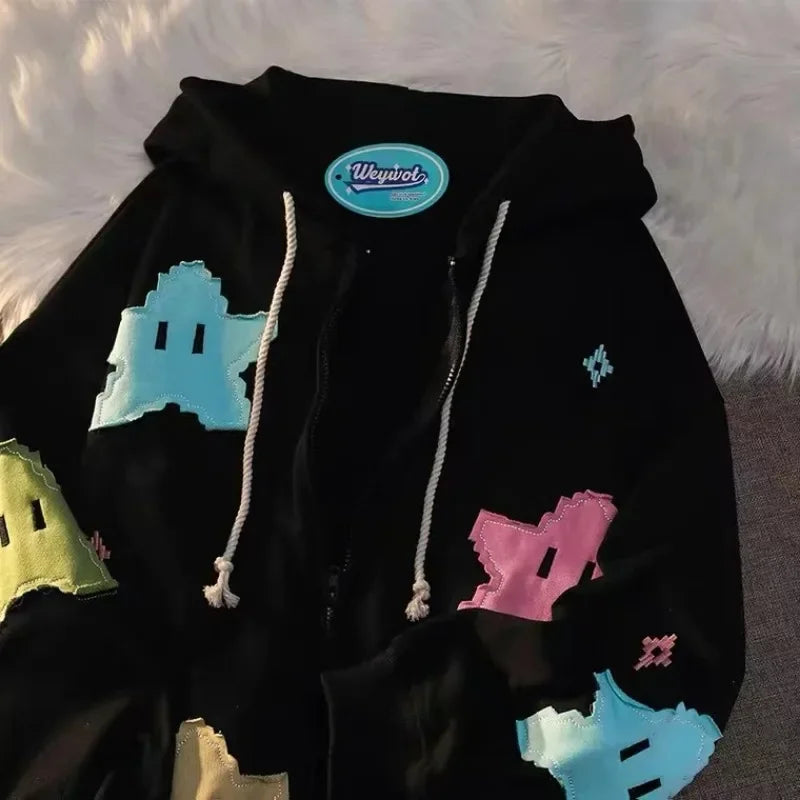 Star Graphic Long Sleeve Full Zip Casual Hoodie