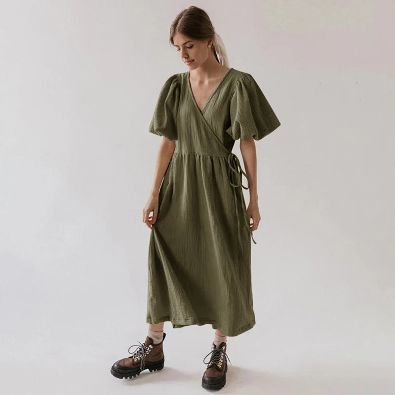 Women's Cotton V-Neck Short-Sleeve Loose A-Line Midi Dress for Casual Summer Outfits