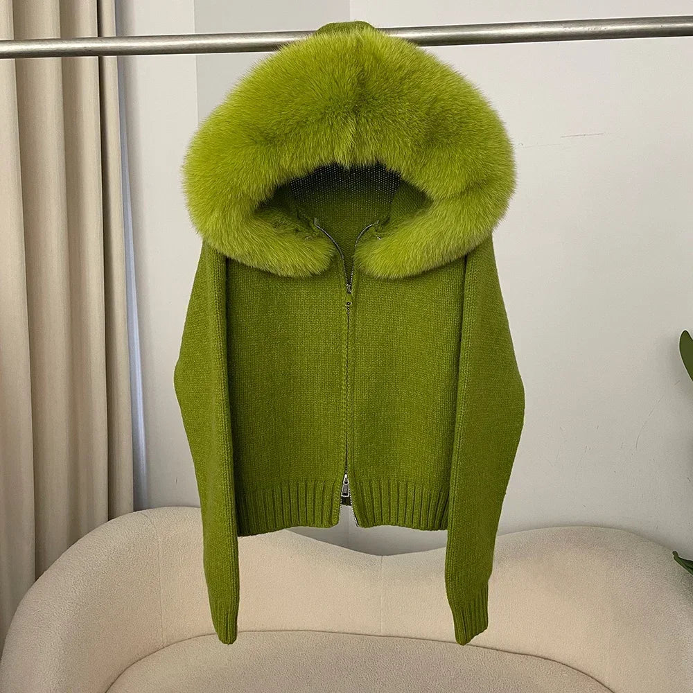 Women's Hooded Zip Front Fluffy Trim Jacket Casual Knit Layer