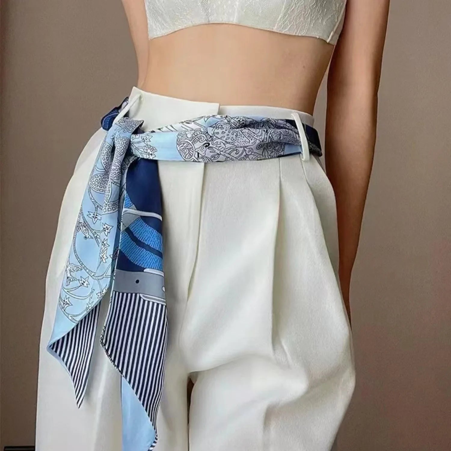 Printed Narrow Long Scarf with Pointed Ribbon Ends